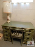 Vintage Desk, Antiques Painted with Glass Top and Lamp