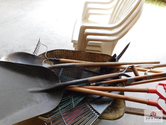 Wheel Barrow, 3 Plastic Chairs and Assorted Lawn Tools