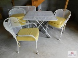 2 Wrought Iron Patio Tables 3 by 3 Foot and 6 Wrought Iron Patio Chairs with Cushions