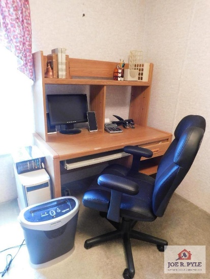 Desk and Chair, Monitor, Paper Shredder