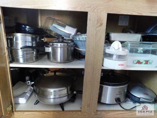 Collection of Pots, Pans, Hand Mixer, George Forman Fryer, Crock Pot, Brita Pitcher