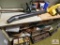 Contents of shelves - Paramount blower, Black and Decker 18' electric hedge trimmer, tarps, paint