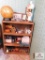 Shelf & contents, handpainted lamp , vintage boxes & collectables