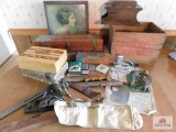 Collection of vintage item - WWII money belt, wooden boxes, money, antique tools, cigar boxes