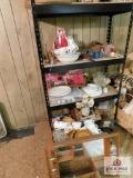 Shelf and contents, vintage shadow box mirrored frame, dishes, wooden bowls, Bob Ross Master Paint