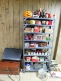 Shelf and contents, assorted tins, apple luncheon set jars, antique luggage