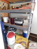 Shelf and contents - Coolers, baking pans, Rap-A-Tap metal craft set, Eldon wood burning set