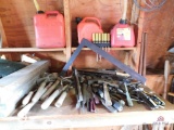 Group of hand tools, saws, files, screwdriver set, gas cans