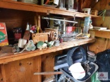 Contents of shelf - wheel barrow, Eagle oiler, Bird feeders, garden items, tarps