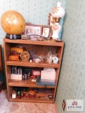 Shelf & contents, handpainted lamp , vintage boxes & collectables