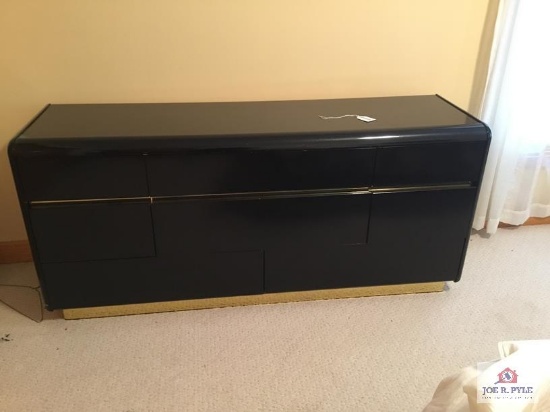 Set 4 pieces black ebony bedroom: 5 drawer dresser, 8 drawer dresser, nightstand, mirror