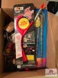 BOX OF MISC: CLAY TARGET HAND THROWER, CROSS BOW BOLTS, HAND WARMERS, ETC