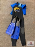 1 WET SUIT, 1 PAIR OF FLIPPERS (SIZE MEDIUM)