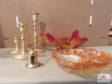 Baldwin brass candlesticks with art glass & candy dish