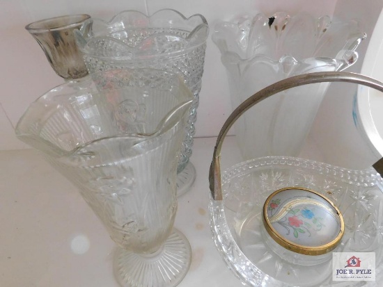 Glass vases - vintage iris vase, glass basket with metal handles
