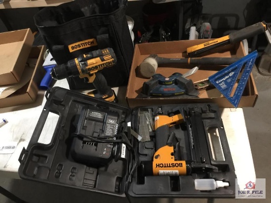 Lot: Bostitch portable Nail gun, drill, tools, bag