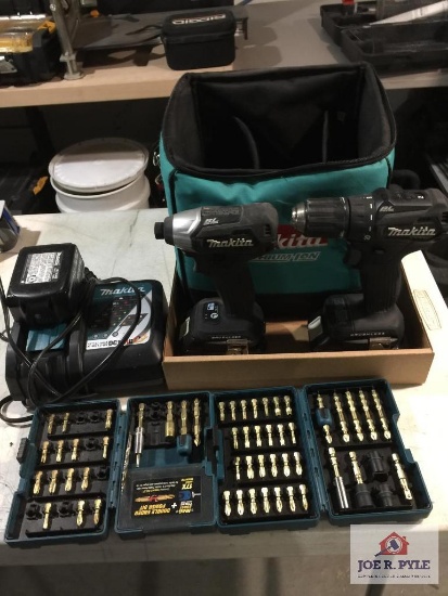 MIKITA portable drills, charger, and bits in case