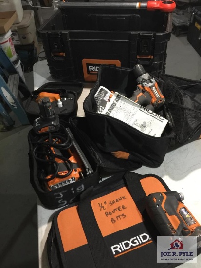 RIDGID drills, saw, hand router, batteries, chargers, toolbox, JOB MAX hand tools, etc.