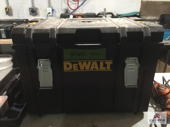 DEWALT box with RIDGID drill, hand tools, etc. (fits in DEWALT racking system lot 131)