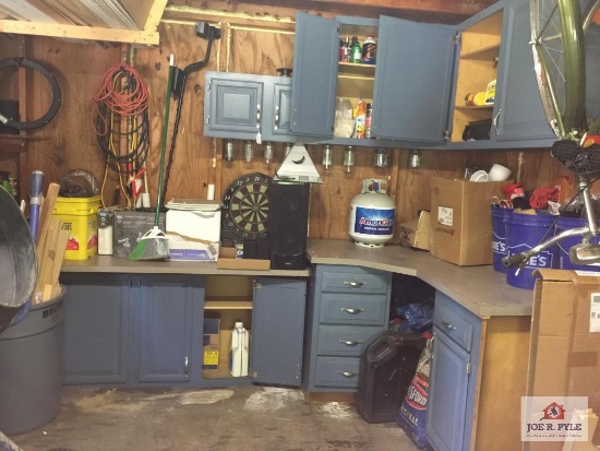 Contents of blue cabinets & wood shelf on back wall: garage items, car items, yard items, etc.