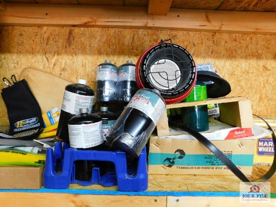 propane tanks, "no hunting" signs, cigar boxes, electric fish fillet knife, house and deck cleaner,