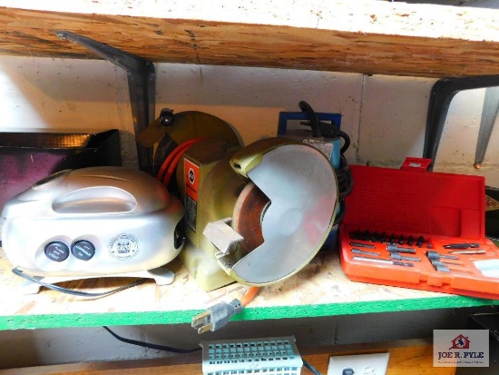 ratchet set, black and decker 5" bench grinder, little giant water wizard and small air compressor