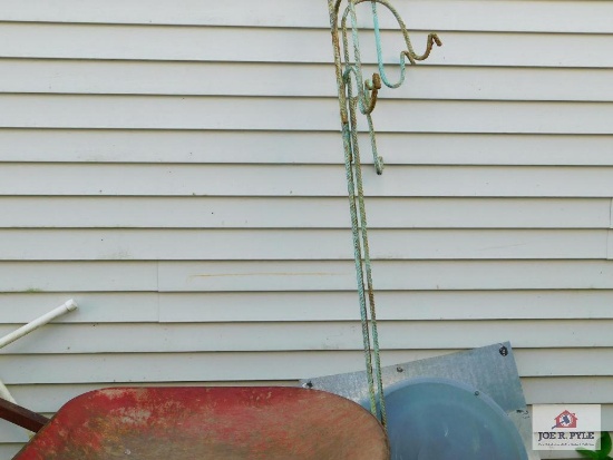 wheel barrow, attic fan cover and iron hooks