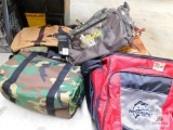 tackle box, camo coolers, and duffle bags