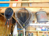 group of fishing nets and minnow bucket