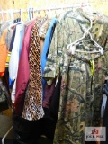 assorted clothing and jackets, fishing vest and men's shoes
