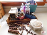 leather hair ties, tin box