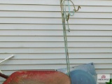 wheel barrow, attic fan cover and iron hooks