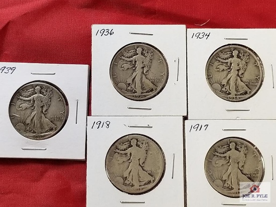 5 Walking Liberty half dollars: 1917, 1918, 1934, 1936, 1939