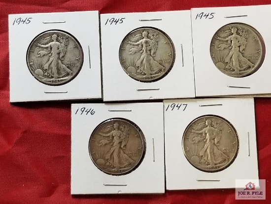 5 Walking Liberty Half Dollars: 1945 (x3), 1946, 1947