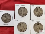 5 Walking Liberty half dollars: 1917, 1918, 1934, 1936, 1939