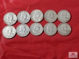 10 Franklin Half Dollars: 1952 (x4), 1953 (x3), 1957 (x3)