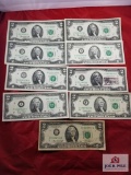 Nine 2 dollar bills various years