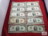 7 red seal 2 dollar bills/ 3 bicentennial 2 dollar bills