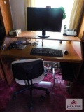 Desk, chair, monitor, speakers