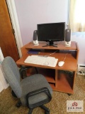 Desk, chair, monitor, speakers