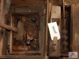 2 wooden boxes of wood planes, auger, corn chopper