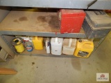 Gray shelf, contents, oil and tool boxes