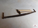 2 man cross cut saw, splitting ax & sledge hammer