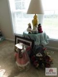 Table, lamp, dolls & birdhouse