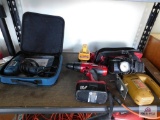 Contents of shelf, Ryobi drill, Craftsman battery charger