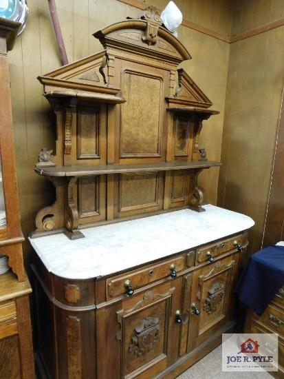 Victorian sideboard ,marble top, applied carvings,96 in.x62 in.x24 in.