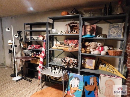 Shelves and contents: pictures, lamps, toys, Christmas items
