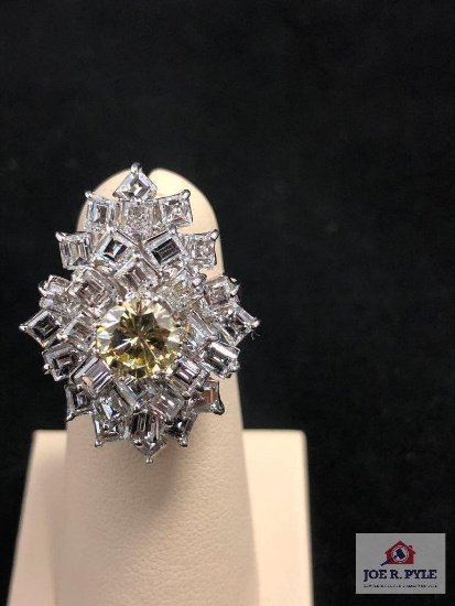 18K White Gold Cluster Style Ring, Center Stone Fancy Yellow Diamond Aprx. 1.50 cts, VS2 In Clarity,