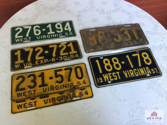 Lot of 6 WV license plates years: 1933, 1954, 1956, 1957