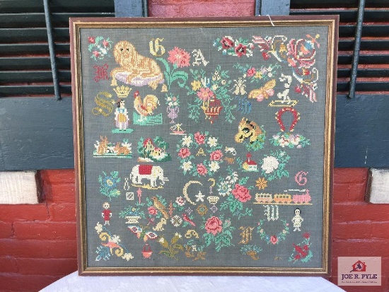 Cross-stitch Folk Art sampler animals, people, etc.